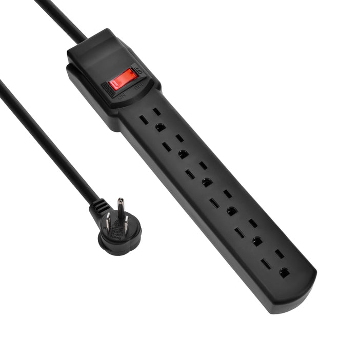 3Ft 6-Outlet Surge Protector 14AWG/3,15A, 90J Black Right Angle Plug