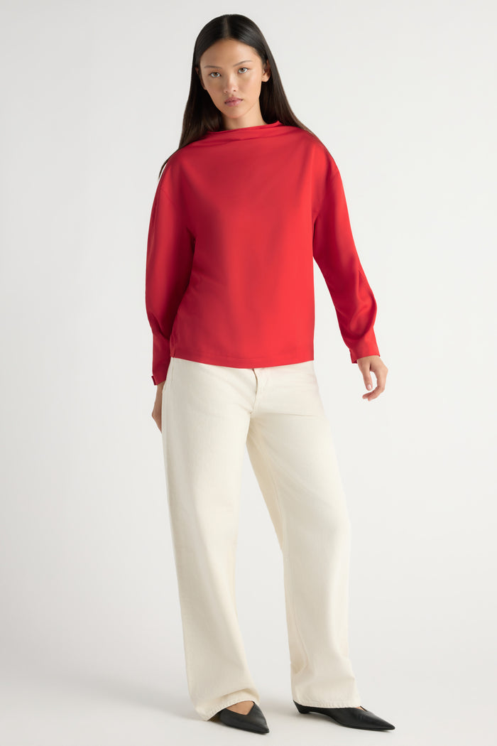 May-Li | Aaliyah Gathered-Neck Long-Sleeve Blouse in Size Small