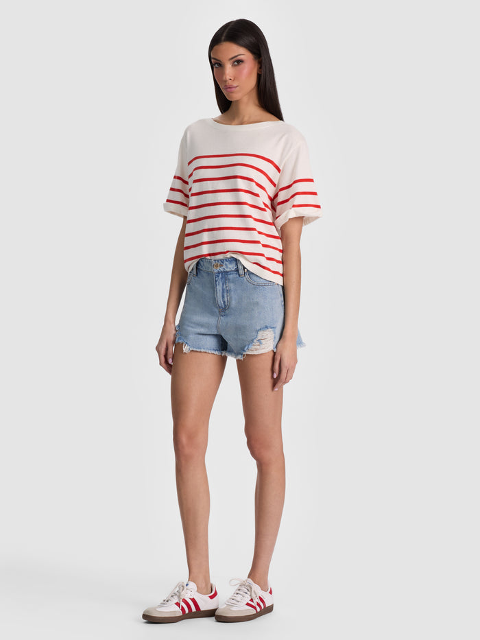 AMELIE STRIPED KNIT TEE - SOFT WHITE/CHILI PEPPER