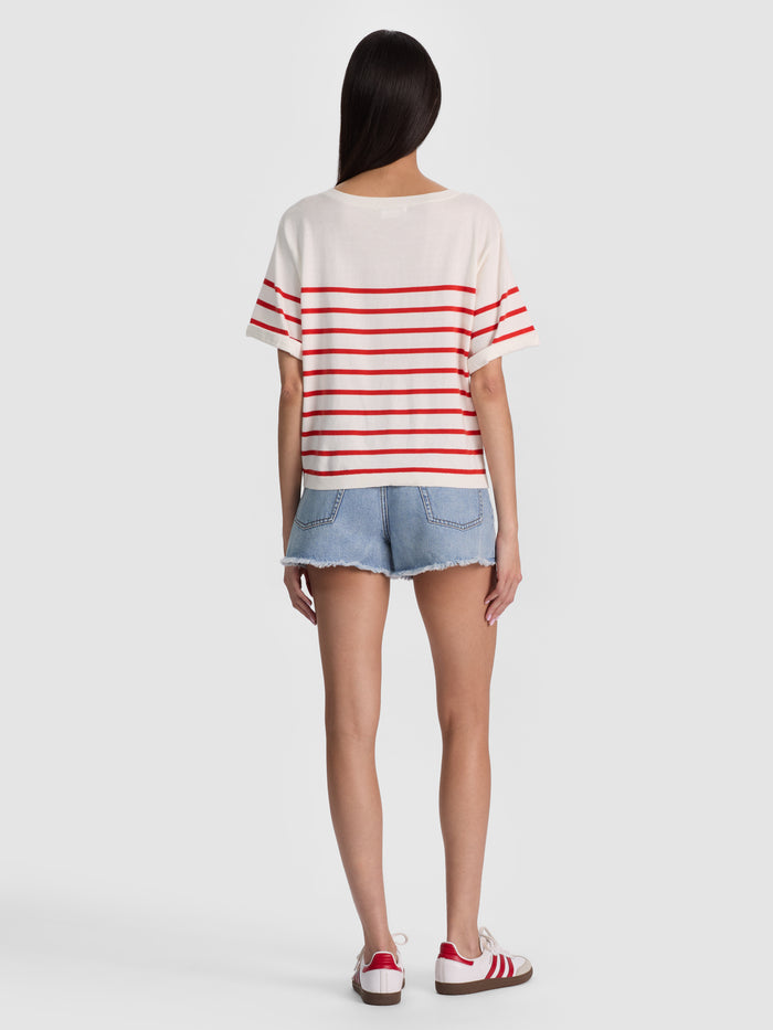 AMELIE STRIPED KNIT TEE - SOFT WHITE/CHILI PEPPER