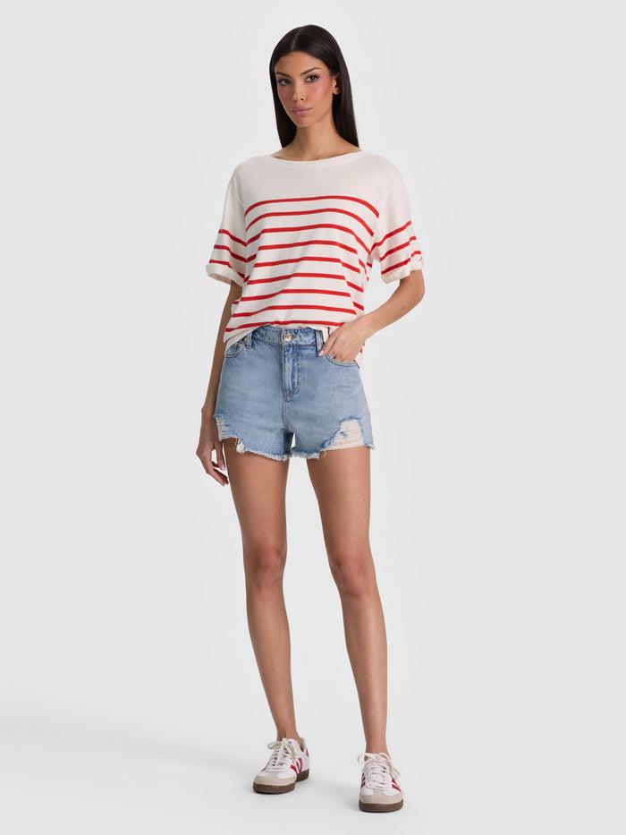AMELIE STRIPED KNIT TEE - SOFT WHITE/CHILI PEPPER