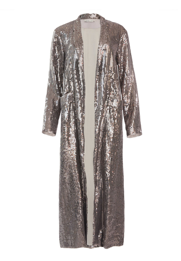 ANGELA EMBELL LONG COAT - ANTIQUE SILVER
