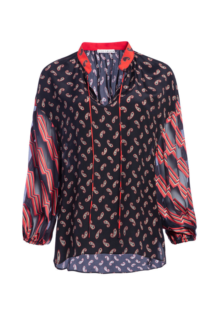 ASHA BLOUSON SLV V NK BLOUSE - DITSY PAISLEY BLK/MULTI