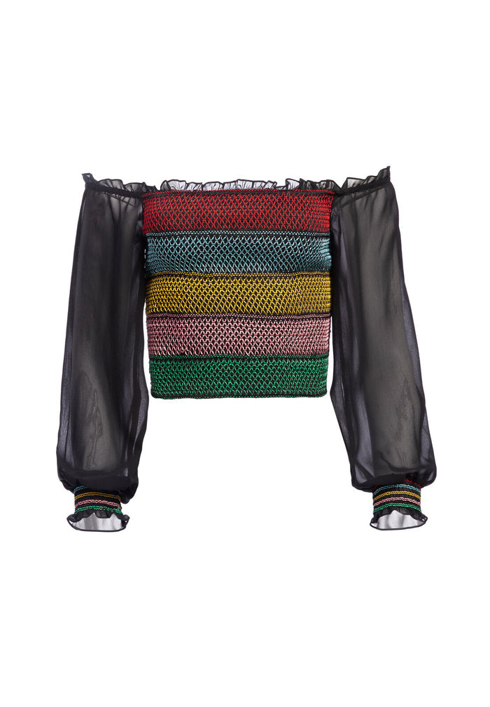 AVITA SMOCKED BLOUSON SLV TOP - BLK MULTI
