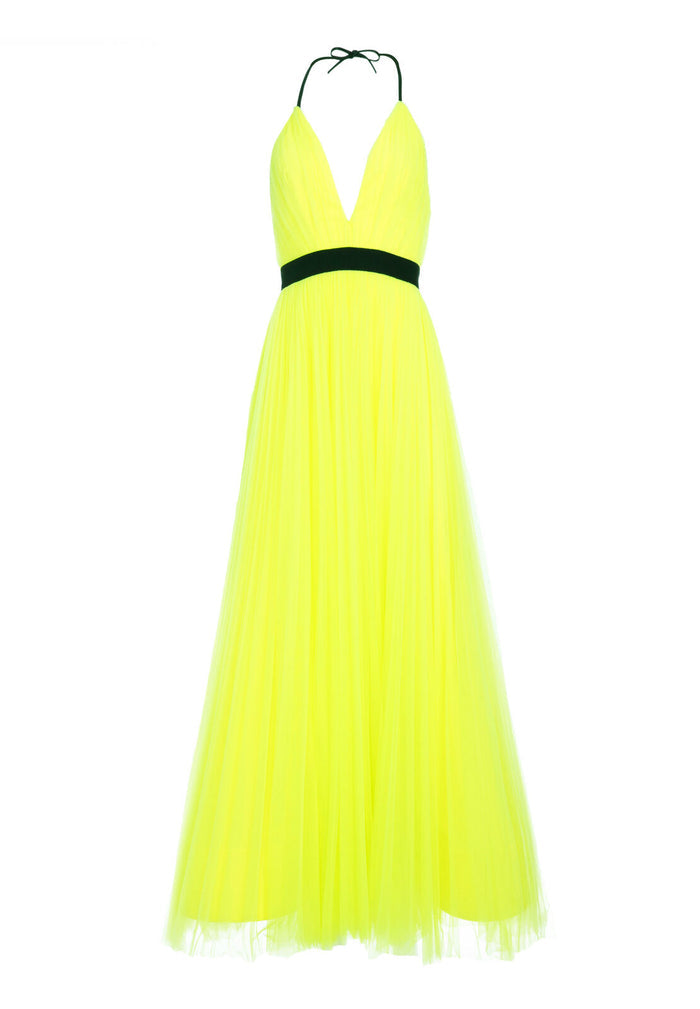 BITSY PLEATED TEA LNGTH GOWN - NEON YELLOW/BLACK