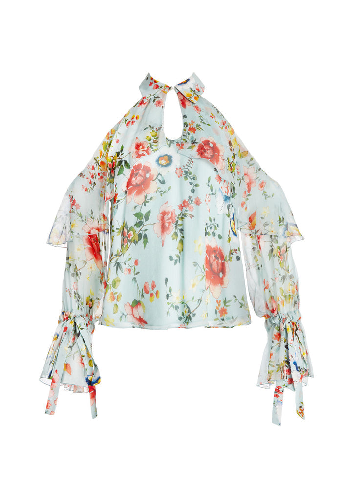 BLAYNE COLD SHLDR BOW CUFF BLS - FLORAL SOIREE-DUSTY AQUA