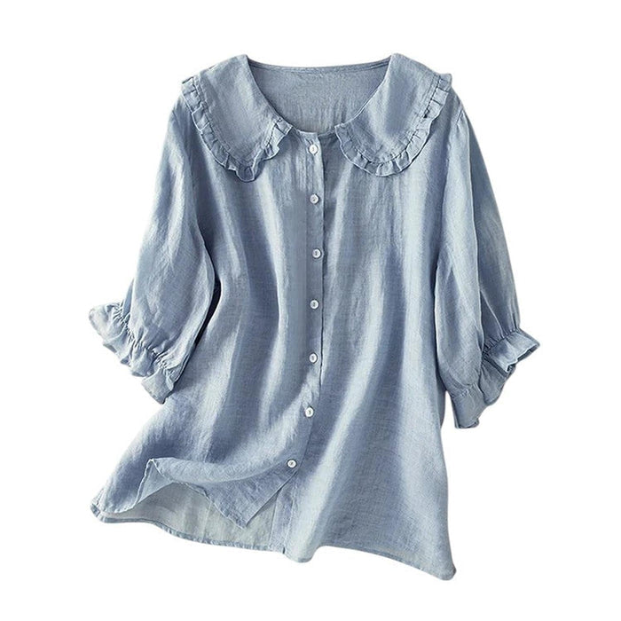 Blouse Women Ruffle Collar Cotton Loose Fit Shirt