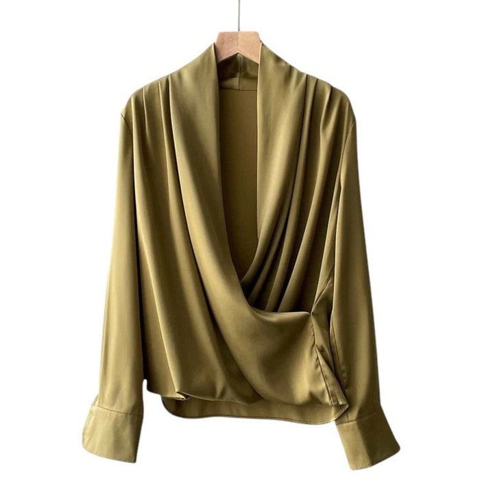 Blouse Women Soft Pleated Draped Long Sleeve