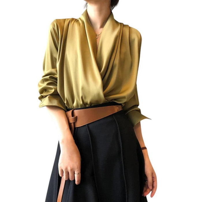 Blouse Women Soft Pleated Draped Long Sleeve