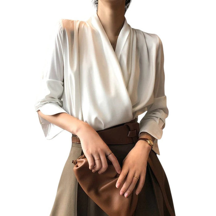 Blouse Women Soft Pleated Draped Long Sleeve