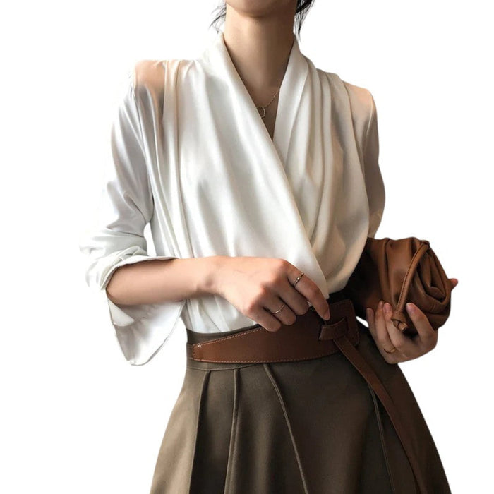 Blouse Women Soft Pleated Draped Long Sleeve