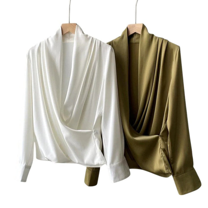 Blouse Women Soft Pleated Draped Long Sleeve