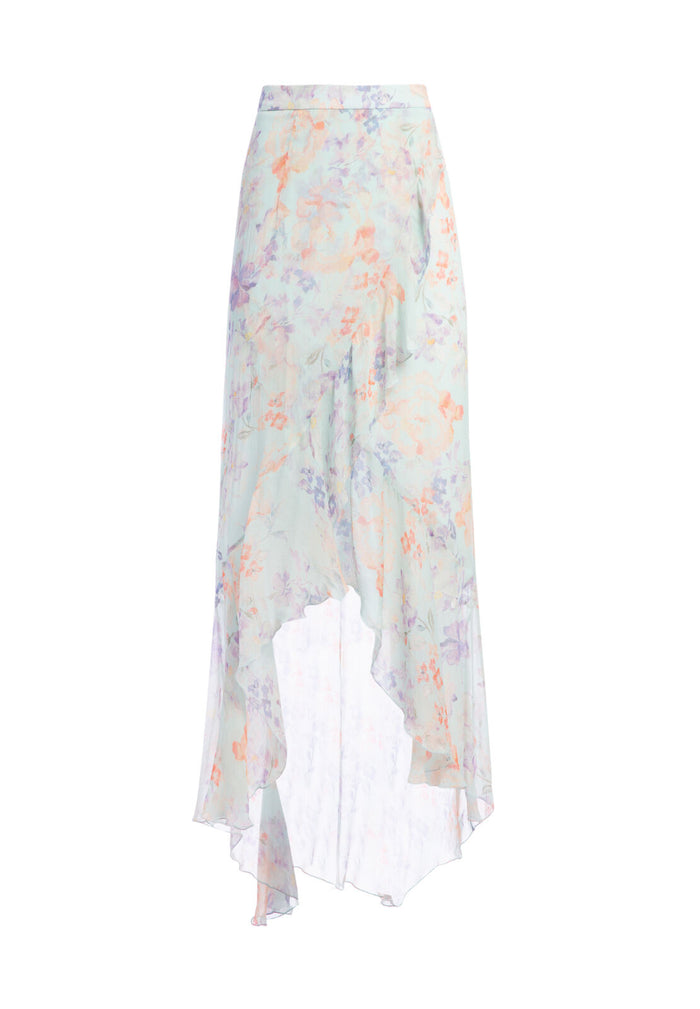CAILY RUFFLED MOCK WRAP SKIRT - WATER PETAL VENUS BLUE/MULTI