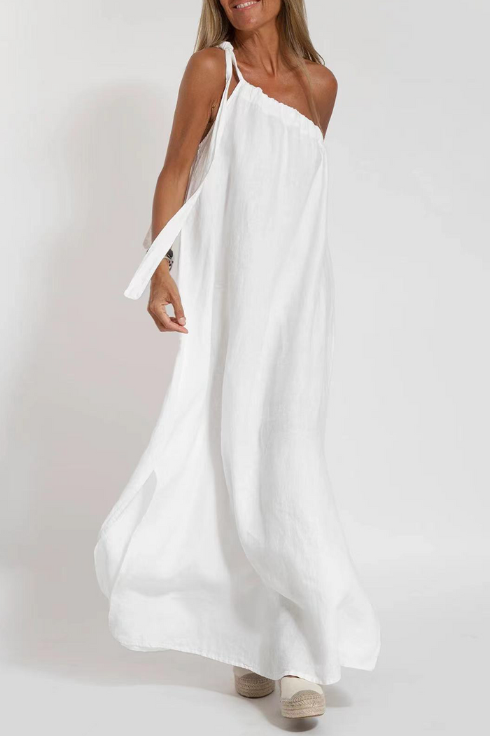 Casual Simplicity Solid Slit Asymmetrical Oblique Collar Sleeveless Dress Dresses