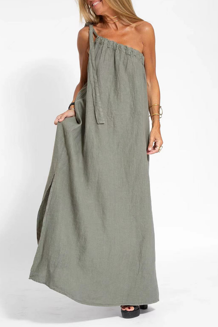 Casual Simplicity Solid Slit Asymmetrical Oblique Collar Sleeveless Dress Dresses
