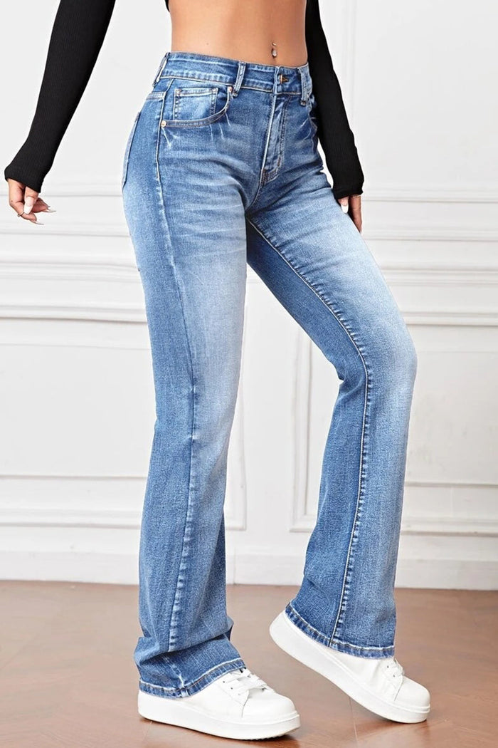 Casual Solid Pocket High Waist Denim Jeans