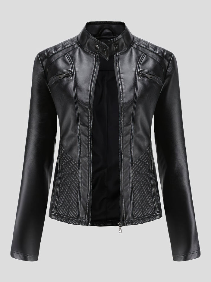 Casual Stand-Collar Slim Solid Leather Jacket