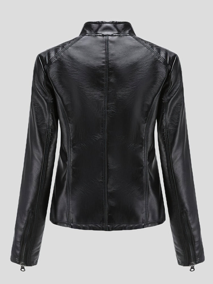 Casual Stand-Collar Slim Solid Leather Jacket