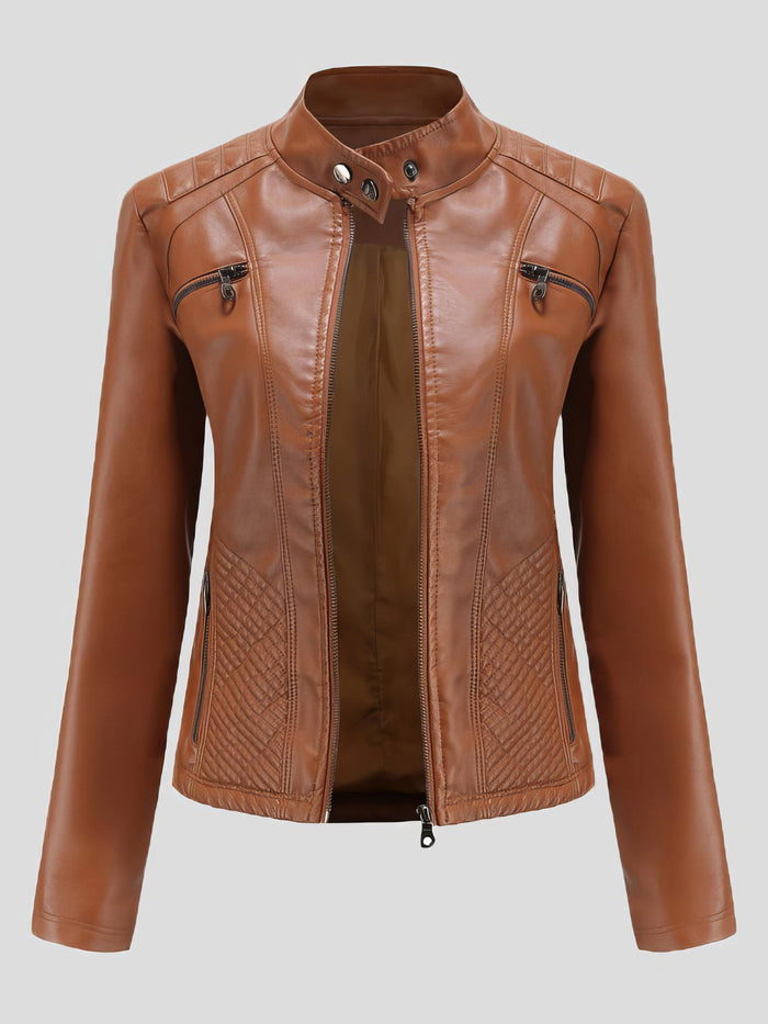 Casual Stand-Collar Slim Solid Leather Jacket