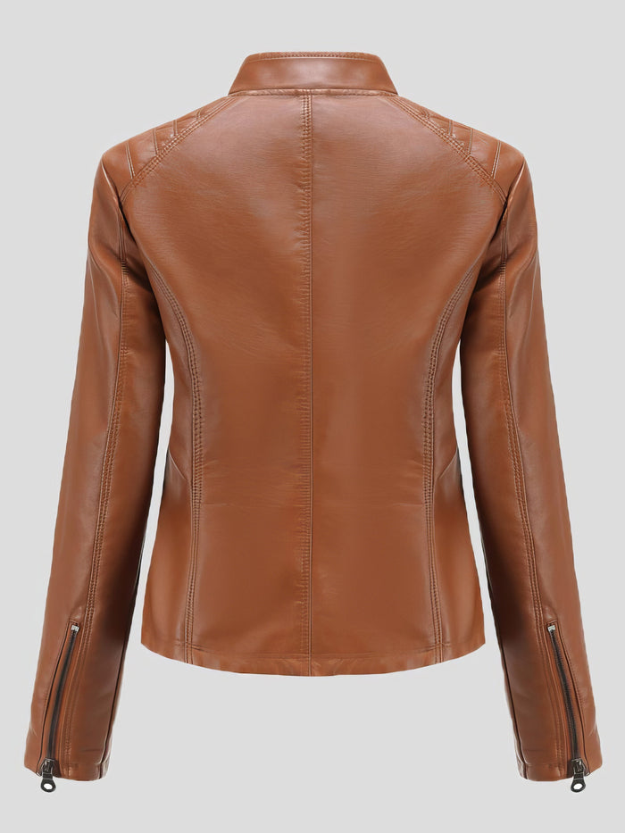 Casual Stand-Collar Slim Solid Leather Jacket
