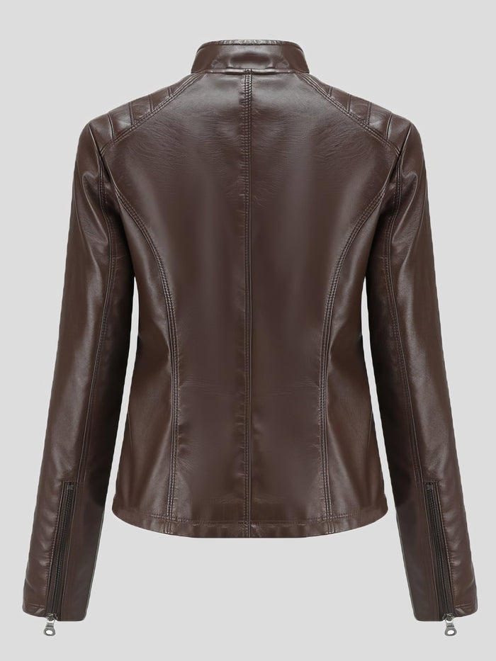 Casual Stand-Collar Slim Solid Leather Jacket