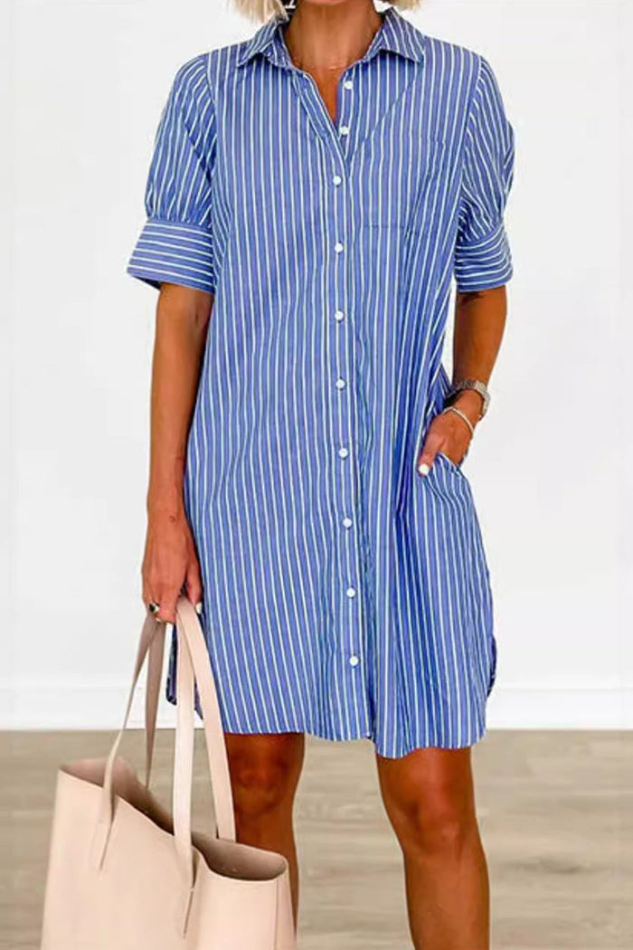 Casual Striped Print Pocket Buckle Shirt Dress Dresses