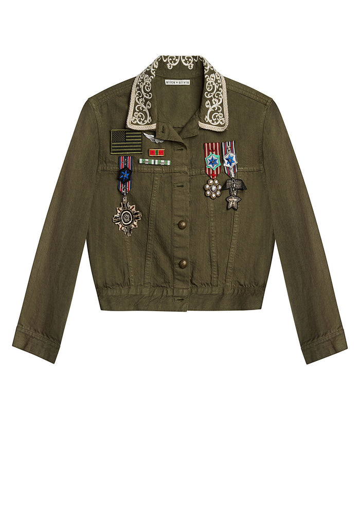 CHLOE EMBR CROPPED JKT W PINS - ARMY
