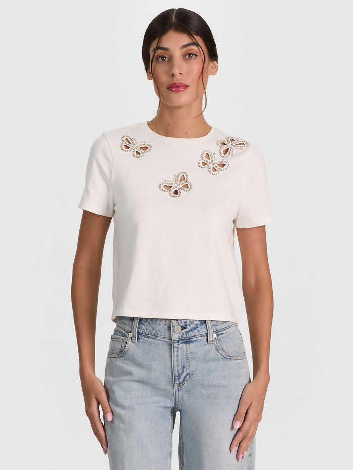 CINDY EMBELLISHED CUTOUT TEE - OFF WHITE/SILVER CRYSTAL