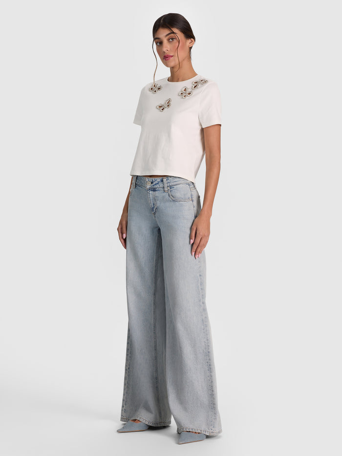 CINDY EMBELLISHED CUTOUT TEE - OFF WHITE/SILVER CRYSTAL