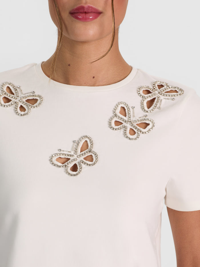 CINDY EMBELLISHED CUTOUT TEE - OFF WHITE/SILVER CRYSTAL