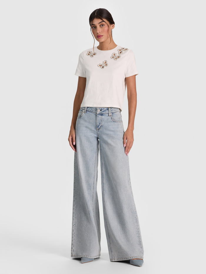 CINDY EMBELLISHED CUTOUT TEE - OFF WHITE/SILVER CRYSTAL
