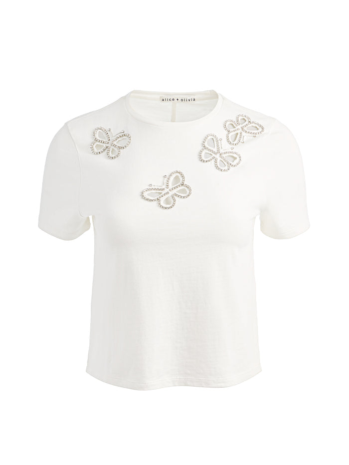CINDY EMBELLISHED CUTOUT TEE - OFF WHITE/SILVER CRYSTAL