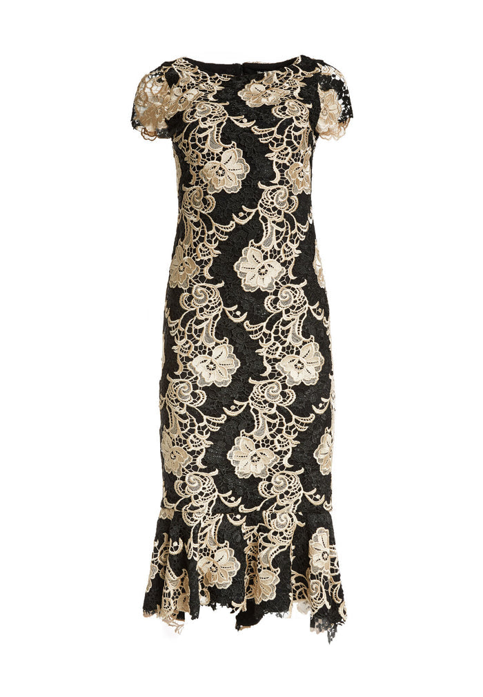CLEORA MIDI RUFFLE FITTED DRS - CHAMPAGNE/BLACK