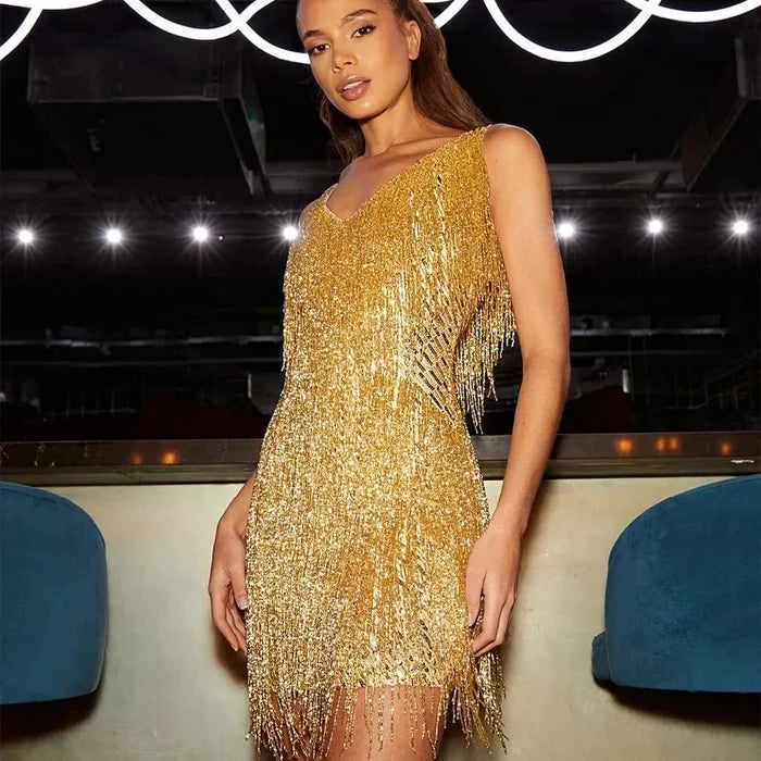 Cocktail Dress Women A-line Fit with Fringe and Sequin Accents Trim