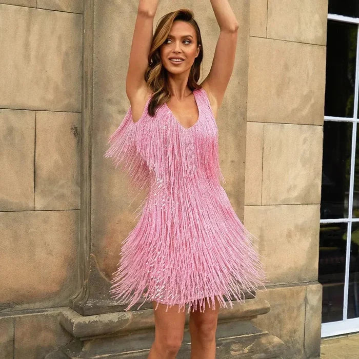 Cocktail Dress Women A-line Fit with Fringe and Sequin Accents Trim