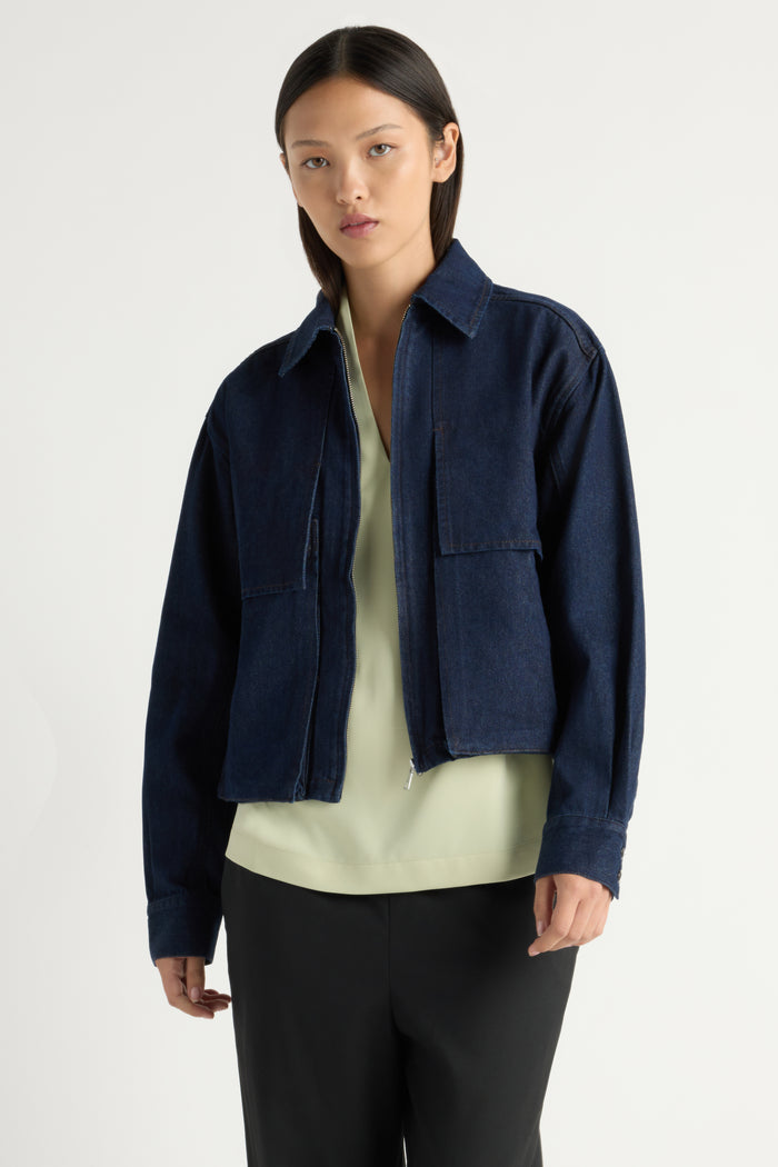 May-Li | Cooper Denim Bomber Jacket in Size Small
