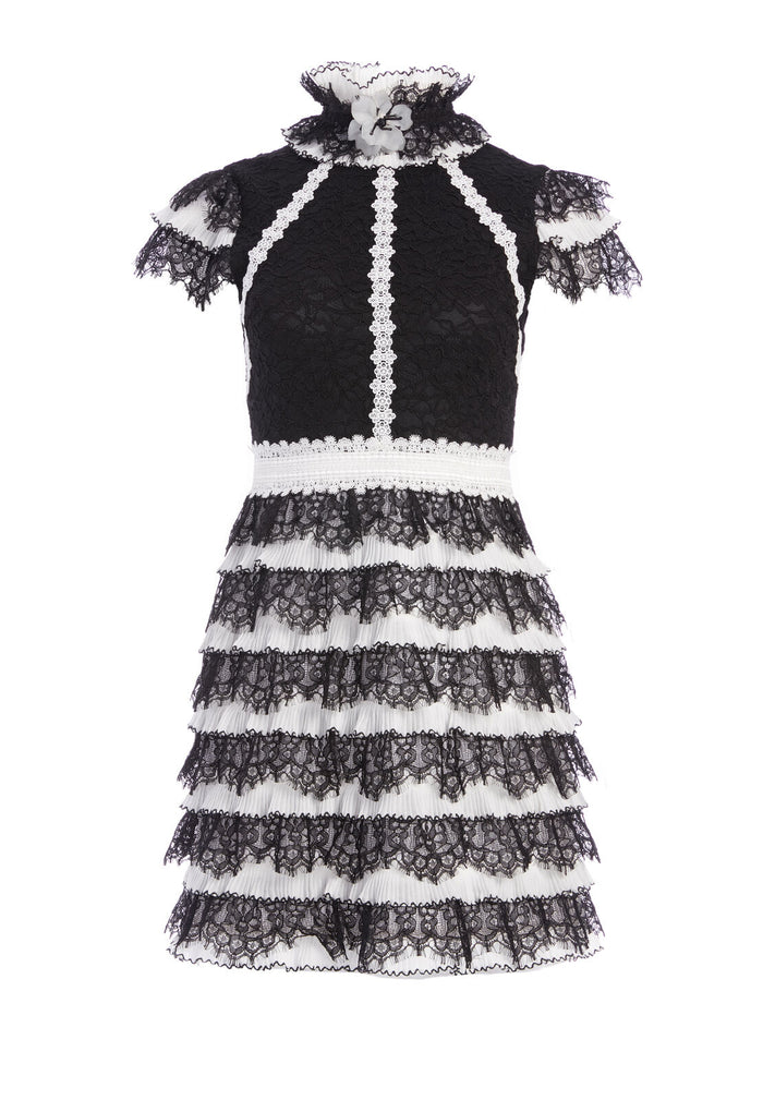 CYRA RUFFLE TRIM MINI DRESS - BLACK/OFF WHITE