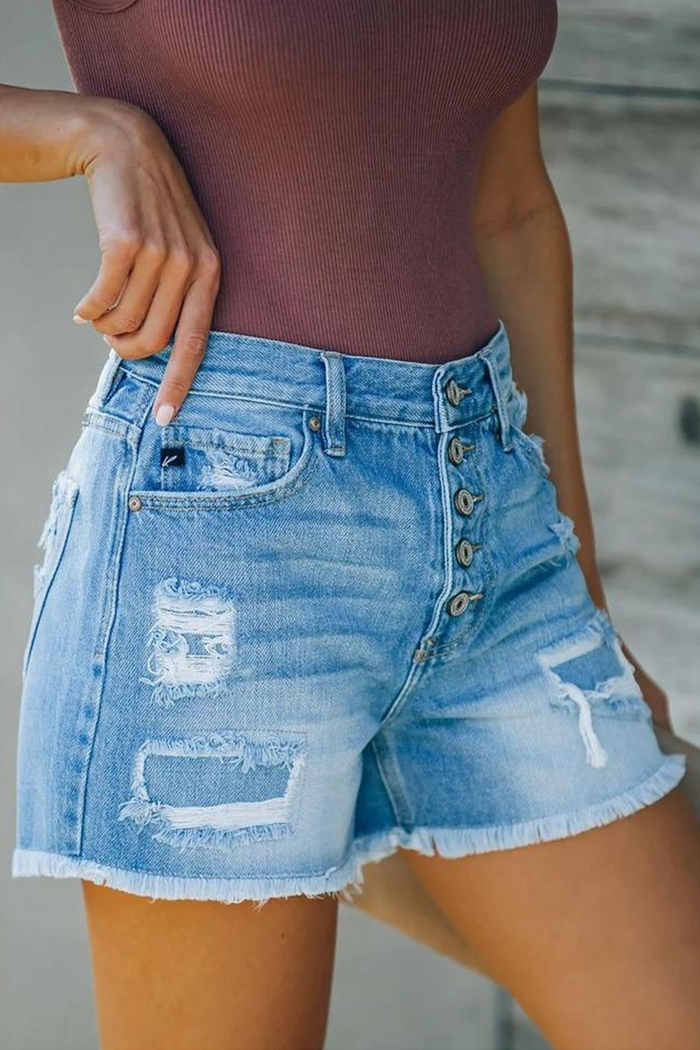Daily Solid Ripped High Waist Straight Denim Shorts
