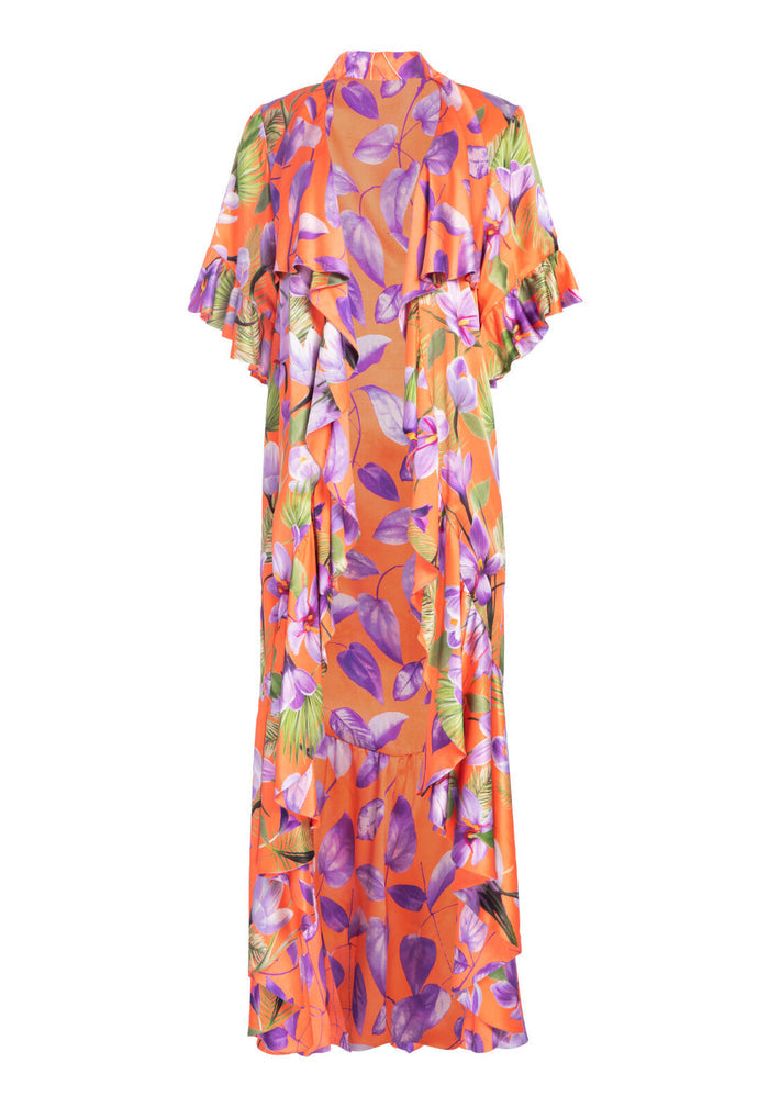 DANDI RVRSBL LNG RUFFLE KIMONO - FLORAL PALM CORAL/MULTI