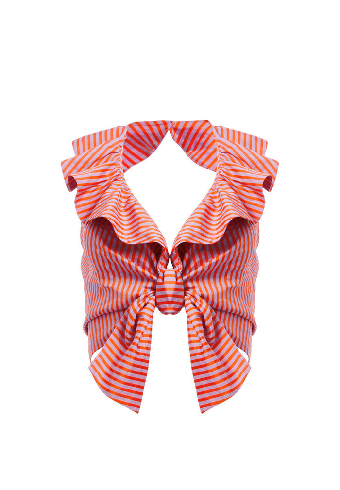 DANNETTE RFFLE TIE FT CROP TOP - LAVENDER/NEON PEACH