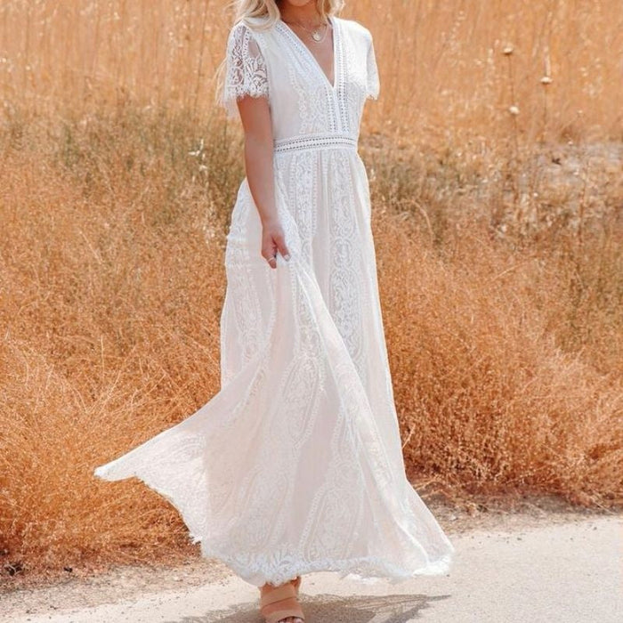 Deep V Pullover Lace Dress