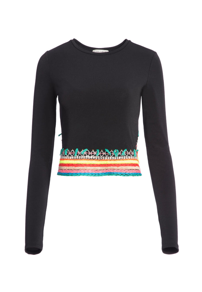 DELAINA EMBR LS CROP TOP - BLACK/MULTI