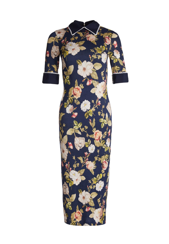 DELORA FITTED COLLARED DRESS - HAZY FLORAL-SAPPHIRE