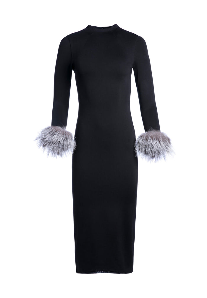 DELORA FUR CUFF MIDI DRESS - BLACK