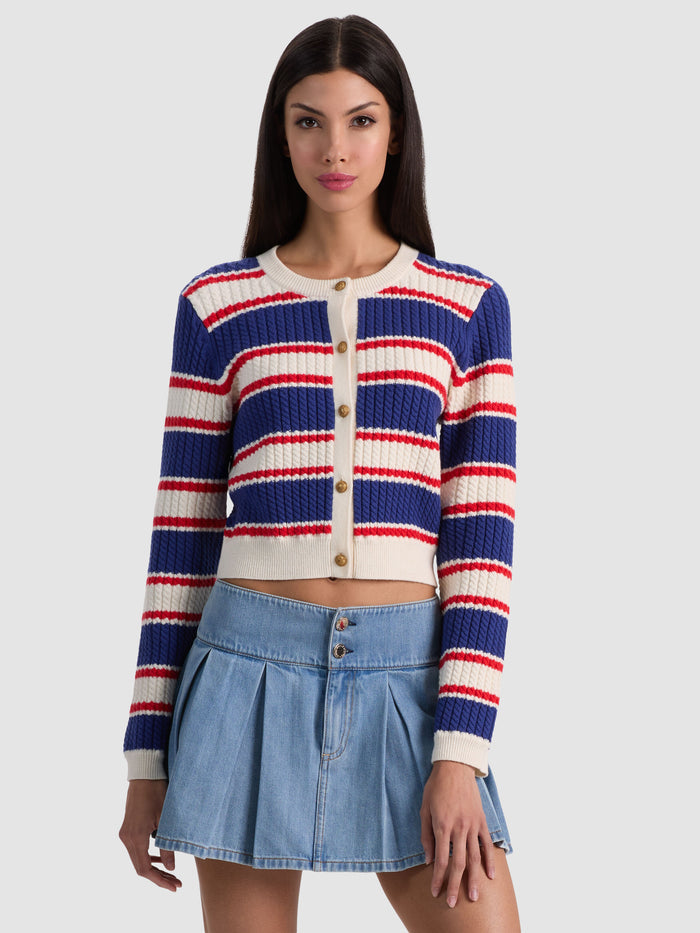 DOLLIE STRIPED CABLE CARDIGAN - AMERICANA STRIPE