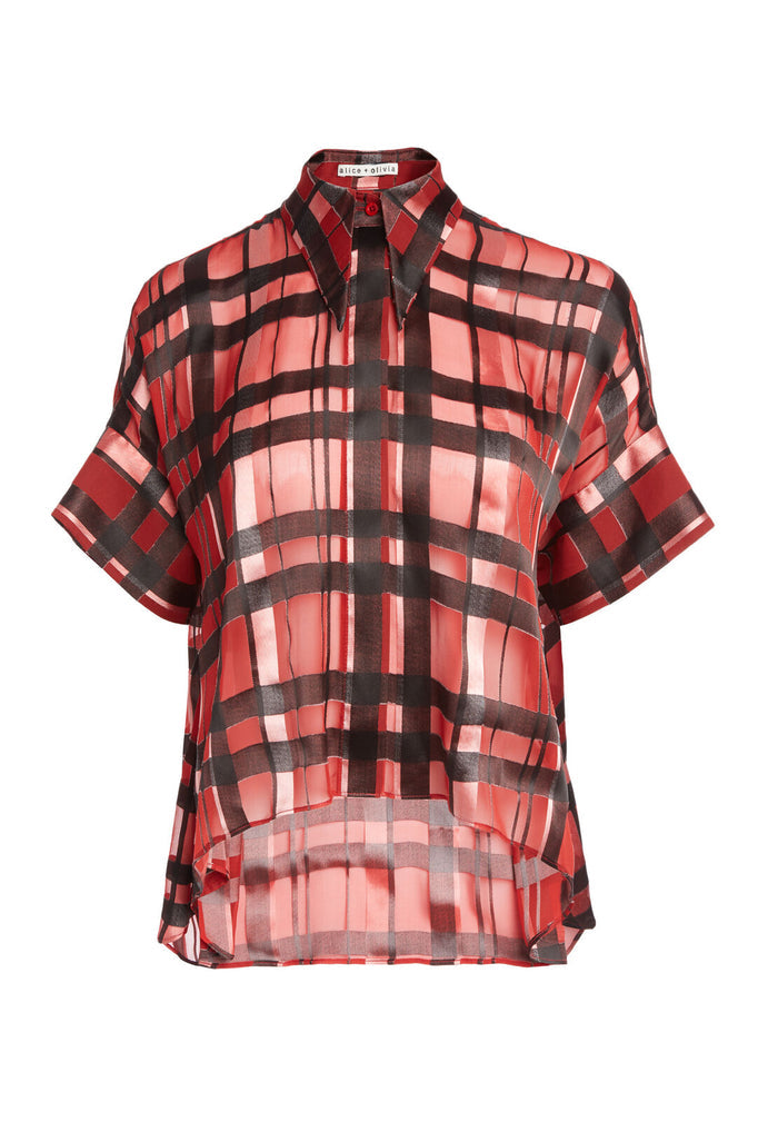 EDYTH LARGE CLLR DRPD BTN DWN - WINDOWPANE PLAID-RUBY