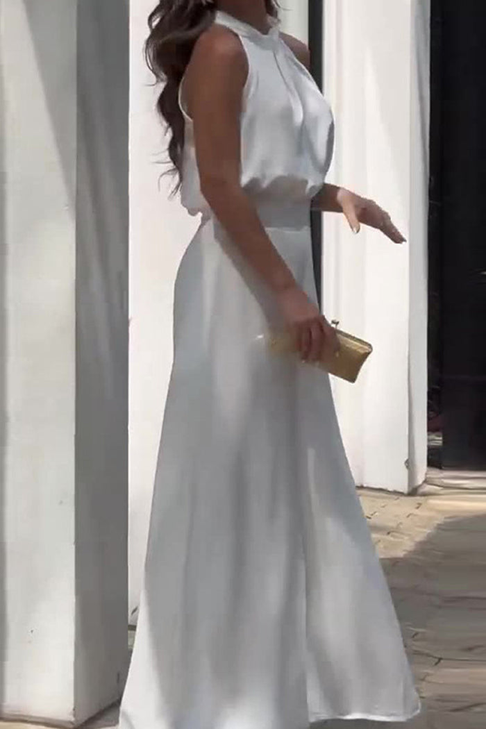 Elegant Solid Pocket Halter Sleeveless Two Pieces