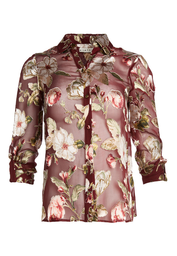 ELOISE ROLL CUFF BTN DWN - HAZY FLORAL-WINE