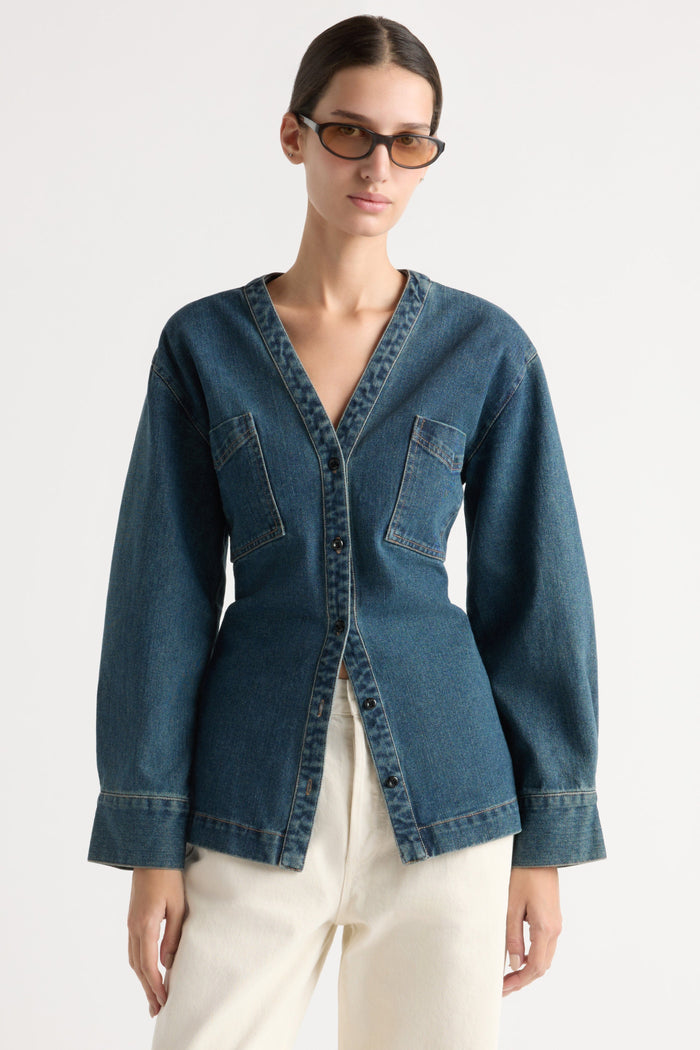 Karolina | Emmett Cinch-Waist Denim Jacket in Size Extra Small