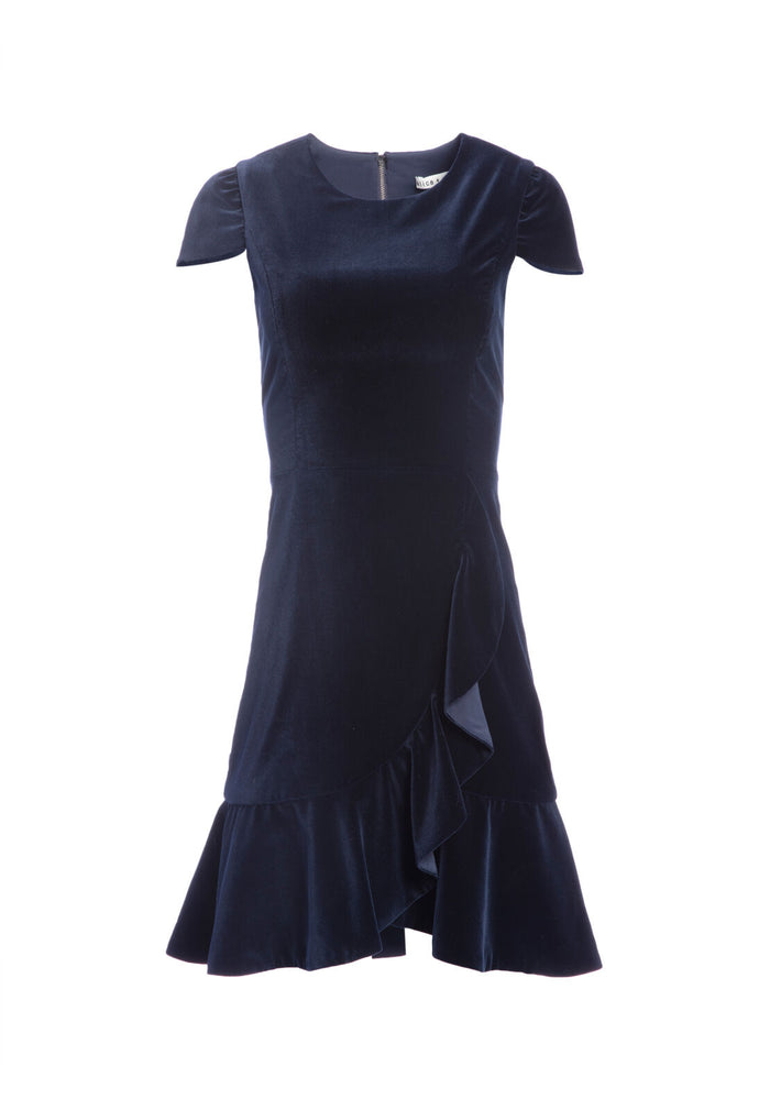 ENID RUFFLE FRNT FIT FLR DRESS - NAVY